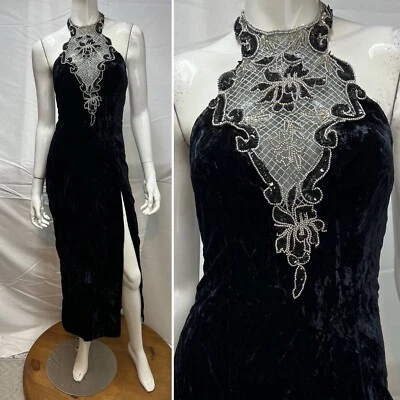 Vestido largo con soporte de cuentas plateadas lentejuelas terciopelo negro años 90 vintage Zum Zum XS Foto 1 de 4