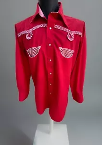 Mens Vtg Fenton Rockabilly Western Pearl Snap Shirt Red White Trim Sz 16-34 Lg - Picture 1 of 13
