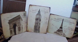 PARIS METAL TIN PICTURES LOT 3 CARTEPOSTALE EFFLE TOWER BIG BEN ARCH - Picture 1 of 10