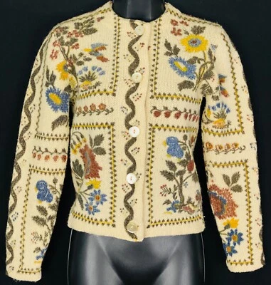 Vintage 1960s floral sweater wool colorful cardigan novelty print crop XS S - Image 1 of 4