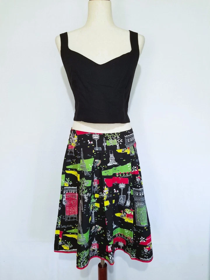 FALDA BERNARDO MIDI TRAVEL CITY PARIS LONDRES MUJER TALLA 6 100% ALGODÓN ACAMPANADA Foto 1 de 4