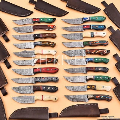 Lote de 20 cuchillos desolladores afilados de caza de acero Damasco hechos a mano con fundas Foto 1 de 4