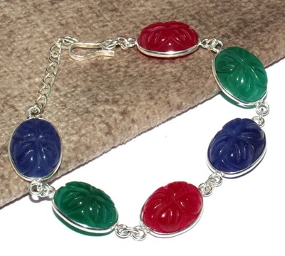 Pulsera Tallada Rosa y Azul Hoja de Calcedonia Verde Ónix Piedras Preciosas 8" GW Foto 1 de 3