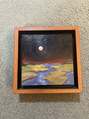 Robert Frazier Nantucket Oil Painting With Wooden Frame “Moon Over Monomoy” 4x4 - Image 1 of 3