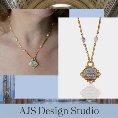AJS Designs Roman Coin Necklace Pearl Gold Bar  22kt GP Gift - Image 1 of 4