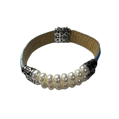 "Brazalete con correa de cuero azul perla de agua dulce vintage Honora de plata esterlina de 7""" Foto 1 de 4