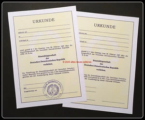 Urkunde - Verleihung der DDR Staatsbügerschaft - blanko - 2 Stück - Repro - Bild 1 von 3