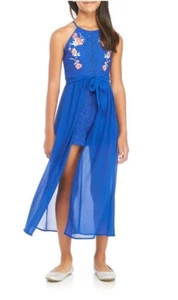 Girls My Michelle Royal Blue Floral Jumpsuit Size 7 - Picture 1 of 4