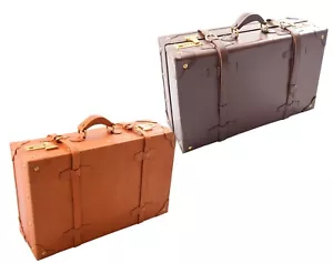Real Leather Antique Suitcase English Steamer Trunk Case Suitcase Brown Tan - Picture 1 of 16