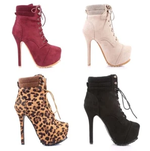 4 Color Faux Suede Combat Lace Up Stilettos Mid Calf Women 5.5" High Heels Boots - Picture 1 of 25