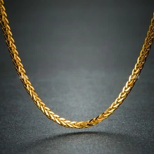  18K Yellow Gold Necklace Women Wheat Link 1.2mm Lucky Chain 18"L - Picture 1 of 3