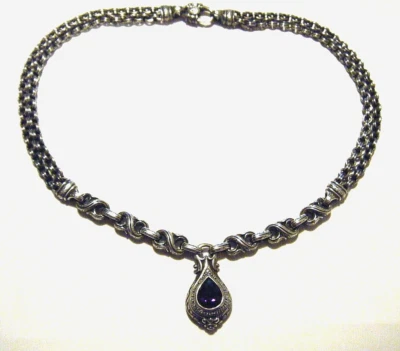 Vintage Scott Kay Sterling Silver Diamonds Teardrop Amethyst Medieval Necklace - Image 1 of 4