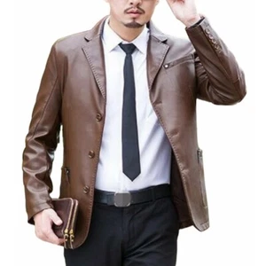 Leather Blazer Men's Genuine Lambskin Brown Three Buttoned Lapel Blazer - Picture 1 of 3