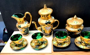 VINTAGE FINE TEA SET OF MOSER/TRE FOUCHI- TEAPOT-SUGAR/CREAMER/4 CUPS/SAUCERS - Picture 1 of 4