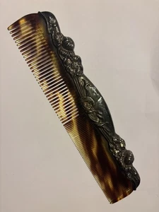 Sterling Silver 925 Antique Faux Tortoise Shell Comb Early 1900s Ribbons Flowers - Picture 1 of 9