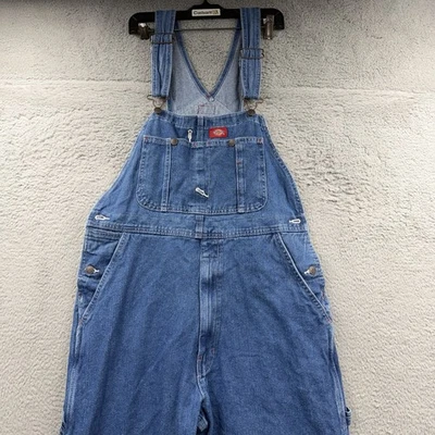 Vintage Dickies Bib Overalls 34x32 Blue Denim Carpenter Work Wear Hammer Loop - Image 1 of 4