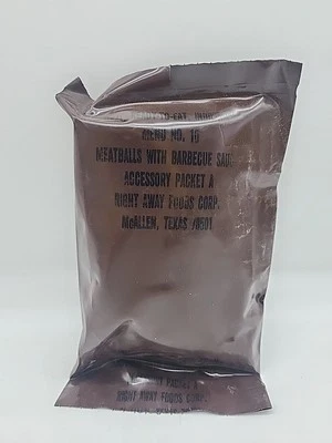 ARMY SURPLUS Vintage USA 1980's MRE Menu No. 10 Meatballs with Barbecue Sauce Brown Bag