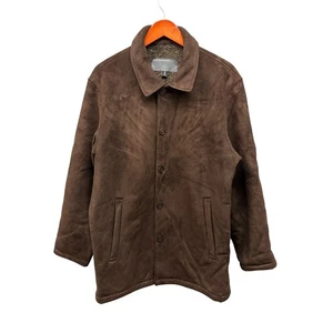 Perry Ellis Portfolio Sherpa Lined Jacket Mens Brown Suede Like Button Up Size M - Picture 1 of 9