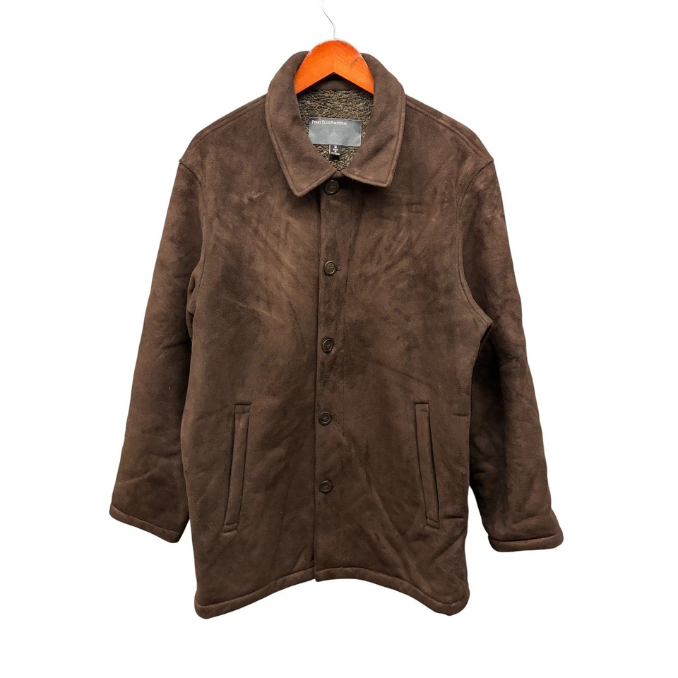 Perry Ellis Portfolio Sherpa Lined Jacket Mens Brown Suede Like Button Up Size M - Image 1 of 4