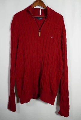 Tommy Hilfiger Men Preppy 1/4 Zip Cable Knit Pullover Sweater Sz 2X Red Academia - Image 1 of 4