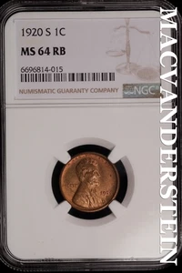 1920-S Lincoln Wheat Cent - NGC MS 64 RB - Scarce No Reserve #SLi780 - Picture 1 of 2