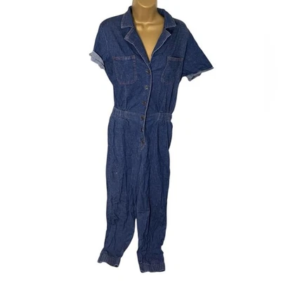 No Boundaries Chambray Button Front Jumpsuit Elastic Waist Cuffed Legs M Juniors - Image 1 of 4
