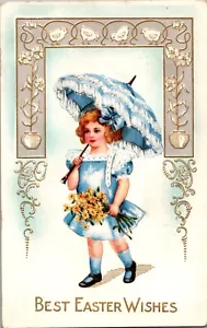 Cartolina Best Easter Wishes Ragazza Ombrellone Blu Diviso Indietro Timbrato 1911 - Foto 1 di 2