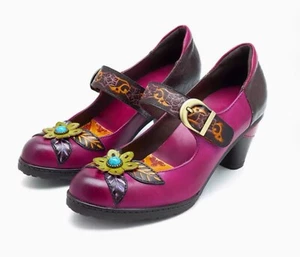 SOCOFY Women's Leather Retro Floral Mary Jane Pump Heels Shoe Strap Size 39 US 8 - Picture 1 of 14