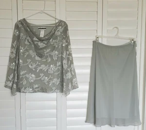 Dana Kay Size 14 Silver~Gray Floral Elastic Waist Skirt & Blouse Set Sheer - Picture 1 of 7