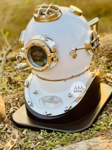 White Scuba Diving Diver Helmet Antique US Navy Mark Marine Morse Wt Wooden Base - Picture 1 of 10
