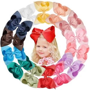 14Pcs 8 Inch Hair Bows Girls Large Big Boutique Grosgrain Ribbon Hair Bows Clips - Picture 1 of 8
