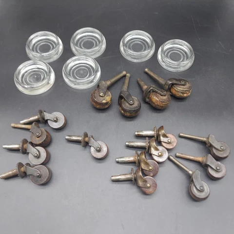 16 Antique Vintage Wooden Metal Furniture Casters / Wheels w/ 6 Glass Coasters Cover