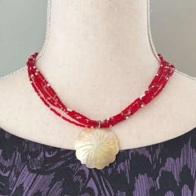 Collar Rojo Blanco Semilla Cuentas Flor Concha Joyería Juvenil Vacaciones Playa Tropical Foto 1 de 2