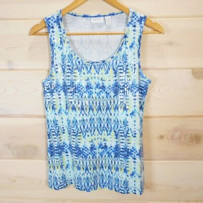 Chicos Zenergy Sz 1 Womens M Top Sleeveless Sequined Front Ribbed Blue Summer - Изображение 1 из 4