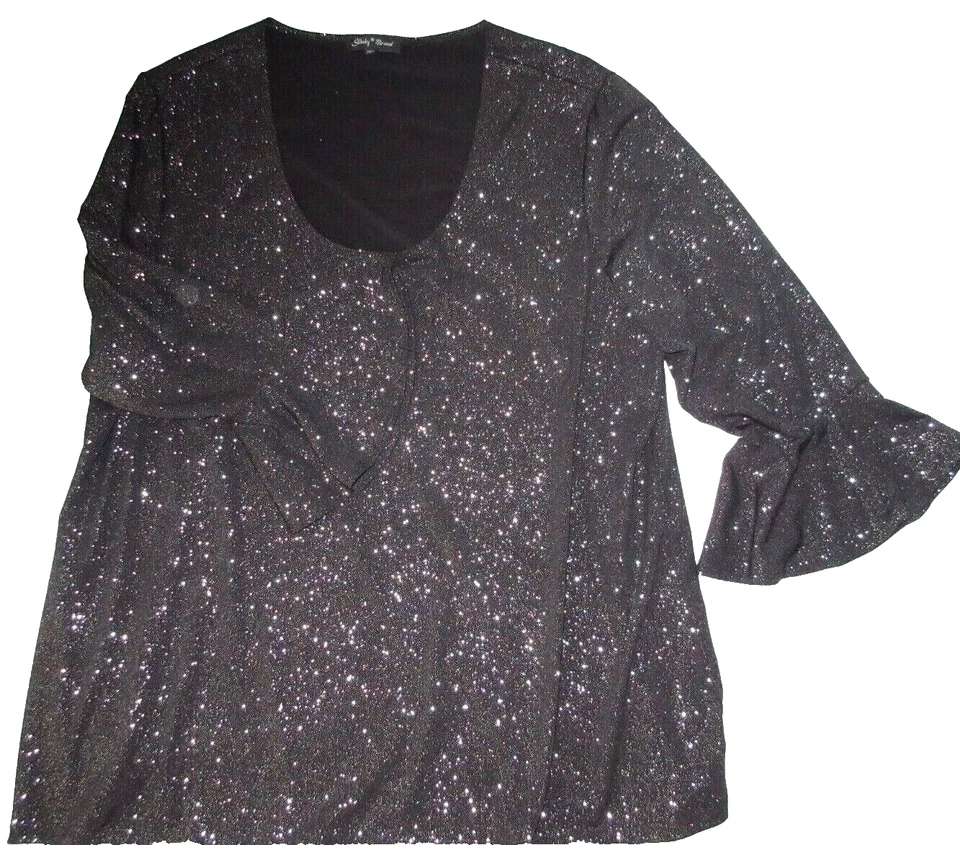 Slinky Brand Blouse Women 2X Black Silver Bell Sleeve Shimmer Shirt Top Sparkles - Image 1 of 4