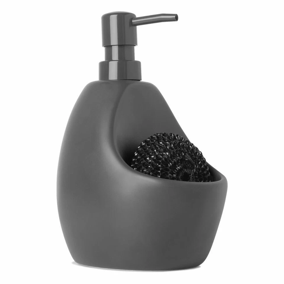 Umbra Joey Liquid Soap Pump and Scrubby Holder Ceramic Dispenser Charcoal Grey