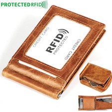 100% Cowhide Leather Men's Billfold Wallet RFID Blocking Card Holder Money Clip