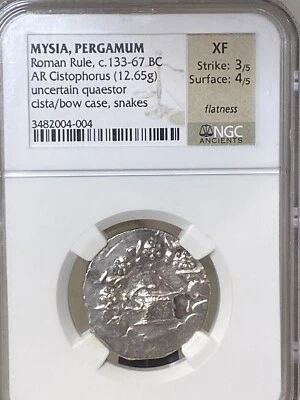 Moneda de plata de las serpientes de plata de Misia regla romana AR Cistóforo c. 133-67 a.C. ~ NGC XF Foto 1 de 4