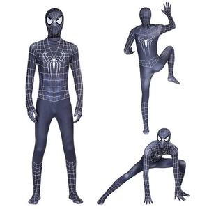 Mens Black Spiderman Costume Fancy Dress Up Superhero Cosplay Jumpsuit Bodysuit - Picture 1 of 13