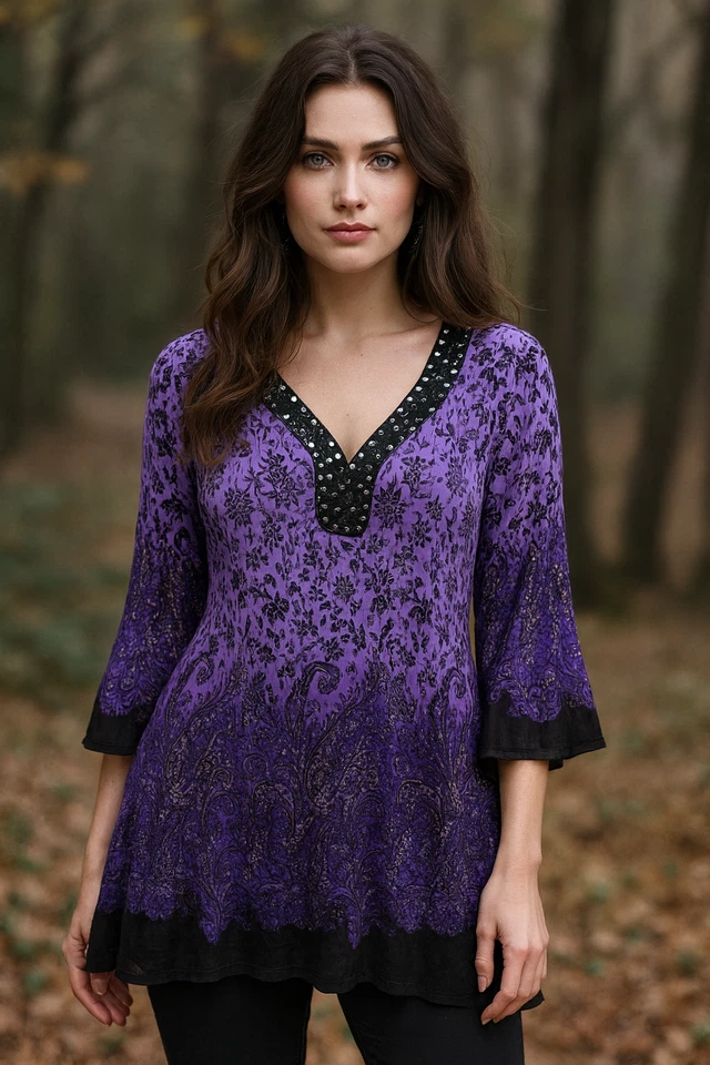 Top de hadas para mujer XL Y2K púrpura floral cachemira lentejuelas caprichoso boho oscuro romántico Foto 1 de 4