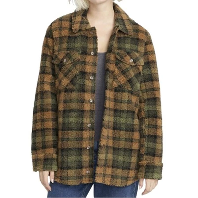 Volcom Silent Sherpa Faux Fur Bronze Plaid Jacket Shacket Size Women Large NWT - Image 1 of 4