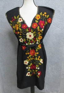 Boho Floral Embroidered Dress Womens Medium Large Black V-Neck Tunic Belted - Picture 1 of 15