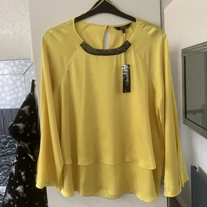 Star By Julien MacDonald Size 14 Stud Embellished Yellow Satin Layer Blouse BNWT - Picture 1 of 10