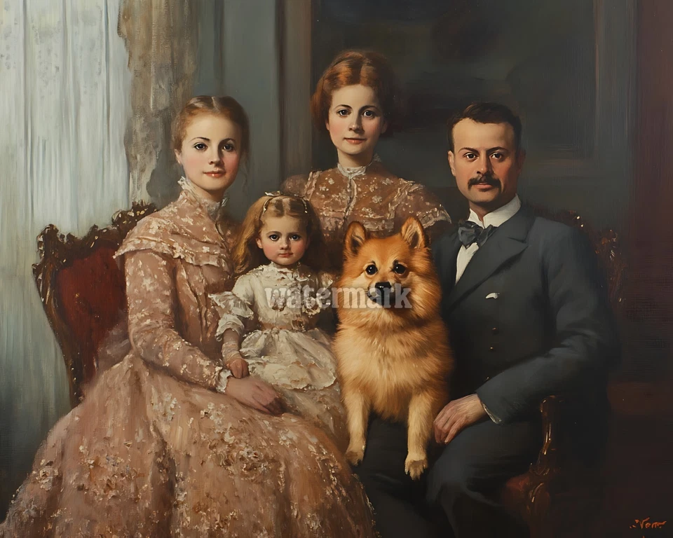 Victorian family with a Pomeranian oil Painting 8x10 Print - Image 1 of 1