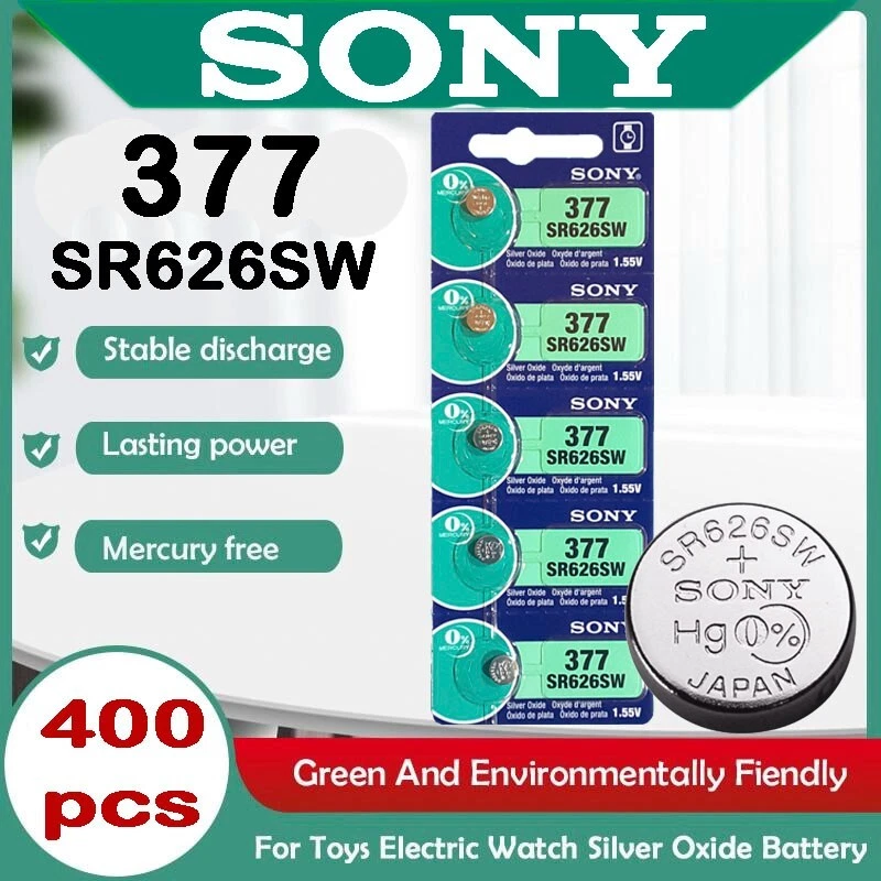 400 pcs SONY 377 SR626SW Silver Oxide Watch Battery 1.55v, 0% Hg. Expire 2028 - Image 1 of 1