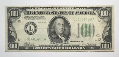 1934 $100 Federal Reserve Note San Francisco, California Green Seal - Image 1 of 2