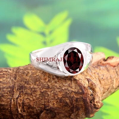 Naturale Granato Gemma Con 18K Placcato Oro Bianco Argento Uomo Anello #193 - Immagine 1 di 4