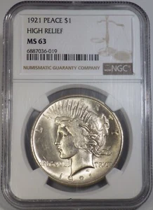 1921 Altorilievo Pace Dollaro Argento NGC Classificato MS 63 - Foto 1 di 4