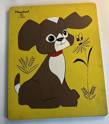 Rompecabezas de madera vintage Playskool marrón y blanco cachorro perro 330-9 Foto 1 de 4