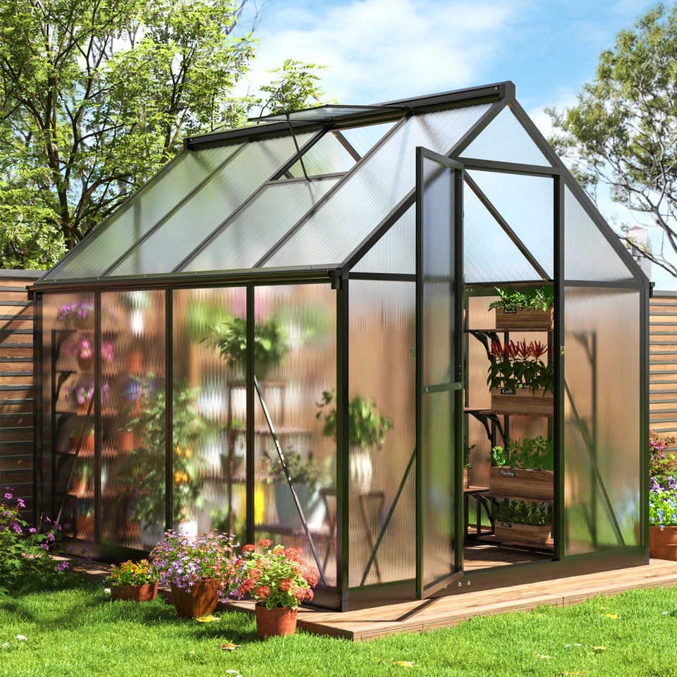 POLAR AURORA 6x8FT Black Aluminum Walk-In Polycarbonate Greenhouse, Easy Setup with Vent